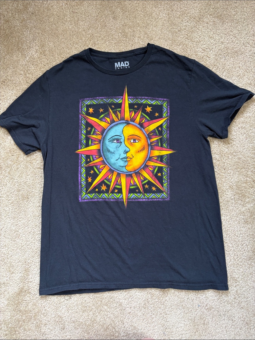 MAD Engine Black Short-Sleeve Tee with Blue & Yellow Y2K Sun-Moon Graphic
